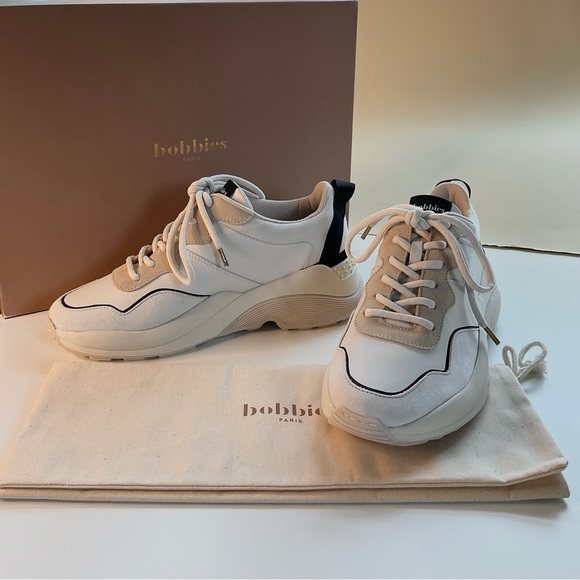 NEW • BOBBIES PARIS Beige and Black Leather Sneakers - Picture 5 of 16
